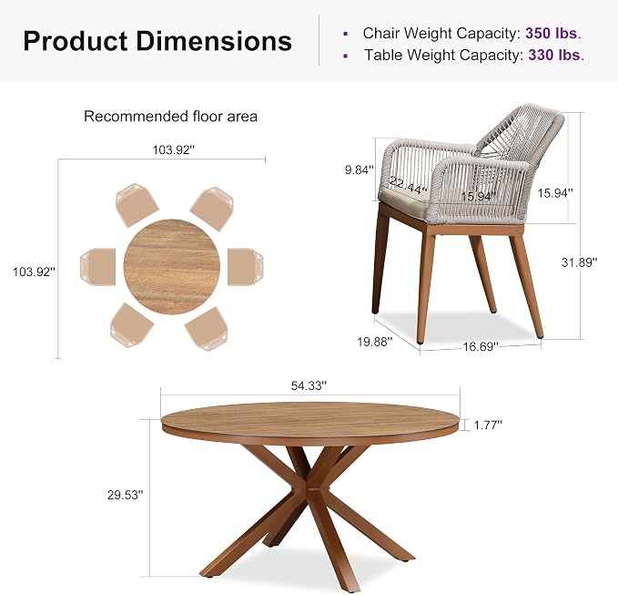 PURPLE LEAF 7 Pieces Patio Round Dining Set Aluminum Round Table and Rattan Arm Chairs with Cushions for Kitchen Porch Garden Modern Outdoor Furniture Sets