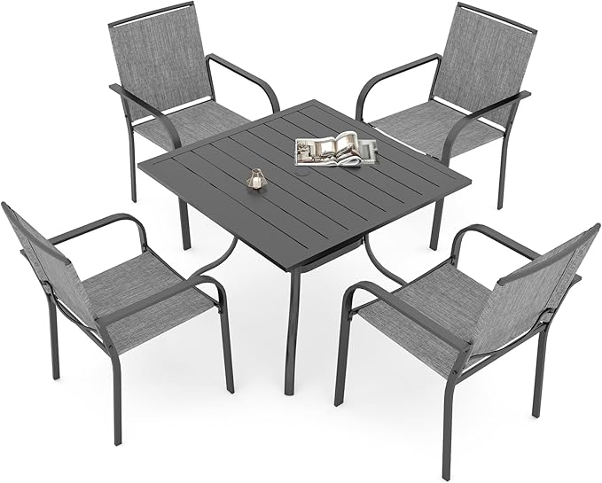 Anmutig 5 Piece Outdoor Dining Set, 35“ Square Table with 4 Gray Stackable Patio Chairs, All Weather Furniture Set for Garden