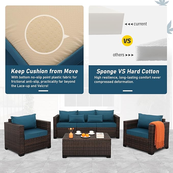 Outdoor Patio Furniture Set 4 Pieces Wicker Outdoor Furniture Chairs and Sofa Patio Storage Table Non-Slip Cushions and Waterproof Covers, Peacock Blue