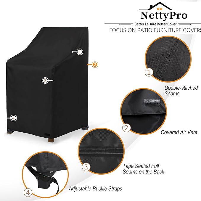 NettyPro Stackable Patio Chair Covers 2 Pack Waterproof Outdoor Patio Furniture Stacking Chair Cover, Fits for 4-6 Stack Dining High Back Chairs, 26"W x 35"D x 45"H, Black