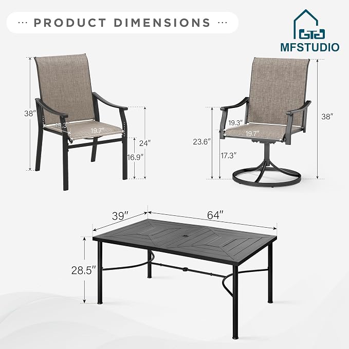 MFSTUDIO Outdoor Patio Dining Set for 6, Outdoor Patio Set with 64"x 39" Metal Table, 4 Fixed and 2 Swivel Patio Chairs, Heavy Duty Outdoor Dining Table and Chairs for Patio Lawn