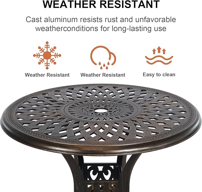 30.31" Cast Aluminum Outdoor Dining Table, Patio Bistro Table with 2.36" Umbrella Hole, Metal Conversation Furniture for Garden Porch