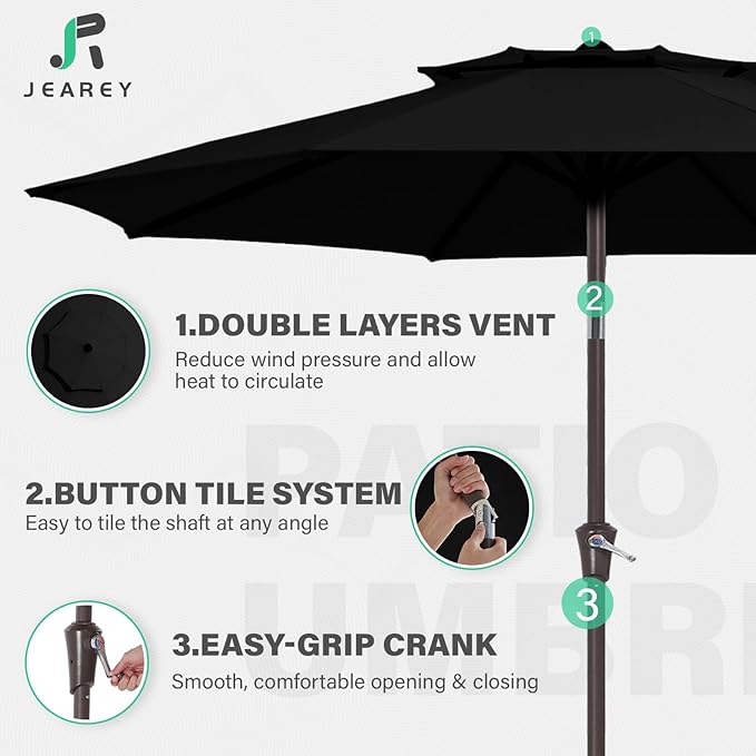 JEAREY 9' 2-Tiers Patio Umbrellas Outdoor Table Market Umbrella w/Push Button Tilt/Crank, 8 Sturdy Ribs, UV Protection Waterproof Sunproof(Black)