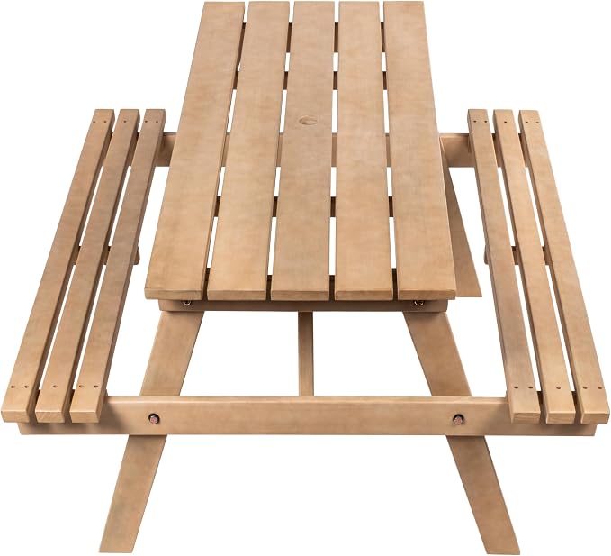 JONATHAN Y Shoreham 55.18" Eucalyptus Wood Outdoor Picnic Table with Benches for Patio, Rectangular Dining Set with 2" Umbrella Hole, Heavy Duty 700 lbs Capacity, Light Teak BNH200B-NEW