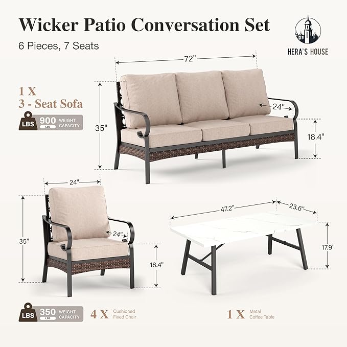 HERA'S HOUSE 6 Piece Metal Patio Furniture Set, All Weather Outdoor Conversation Set with 3-Seat Sofa, 4 Fixed Chairs & Coffee Table, 7 Seats for Backyard, Garden, Deck, Beige