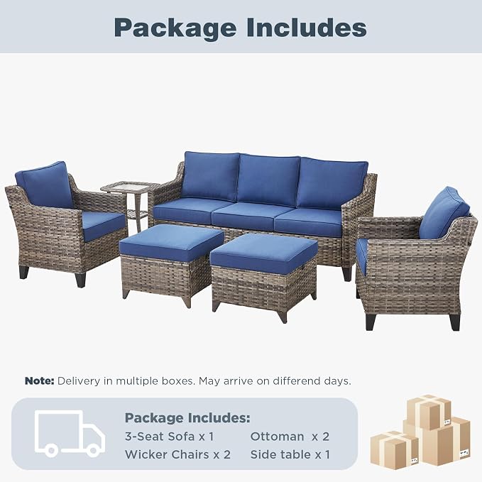 Belord Patio Chairs Set of 2 with 3-Seater Sofa, Outdoor Rattan Chairs for Deck Porch Garden, 6 Piece Luxury Patio Furniture Set, Blue