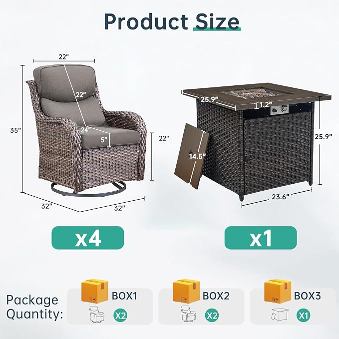 Outdoor Swivel Rocker Patio Chairs Set of 4 with Fire Table - 5" Thick Cushion 5 Piece Furniture Set with Fire Pit Table All Weather Wicker Conversation Set for Porch Deck - Brown/Gray