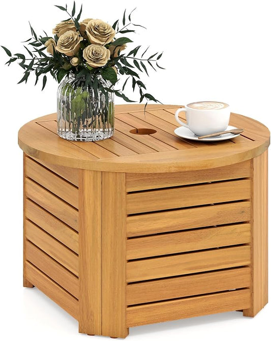 Tangkula 2-in-1 Outdoor Side Table with Storage, Acacia Wood Slatted Coffee Table with Umbrella Hole & Removable Base, Round Slatted End Storage Box for Backyard, Poolside