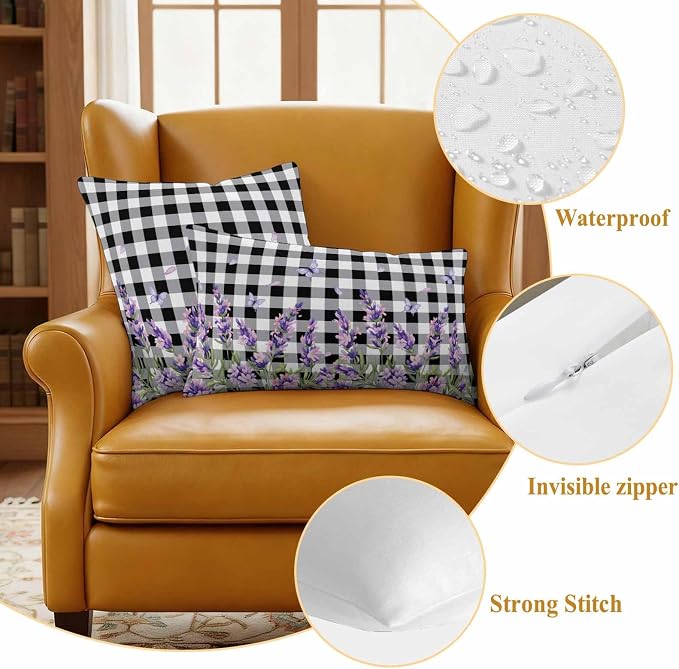 Lavender Floral Outdoor Waterproof Pillow Covers, Purple Flowers Butterfly Black Gray Plaid Decorative Rectangle Throw Pillowcase Sofa Cushion Sham for Patio/Couch/Chair, 20"x12" 2 Pack