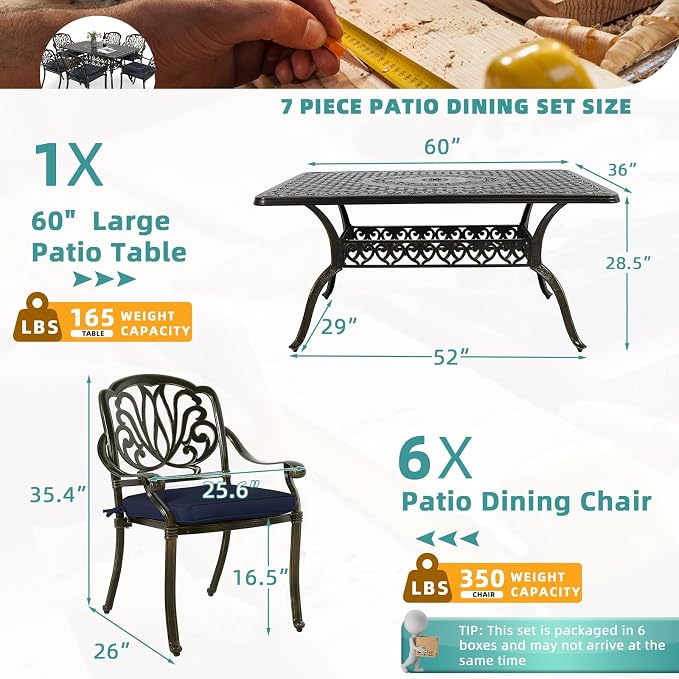 MEETWARM 7-Piece Outdoor Patio Dining Set, 6 Outdoor Dining Cushioned Chairs and 1 Rectangle Table with 2" Umbrella Hole, All Weather Cast Aluminum Patio Funiture Set for Backyard, Navy Blue