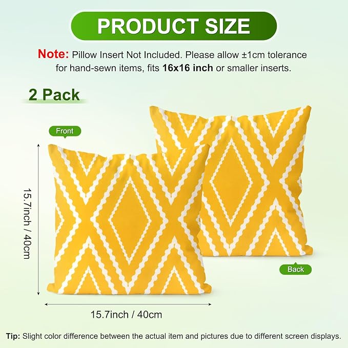 M METERXITY 2-Pack Boho Pillow Cover 16x16 Linen, Yellow White Stripe | Water Resistant Boho Geometric Slipcover, for Patio, Balcony, Garden, Decor Pillow Case