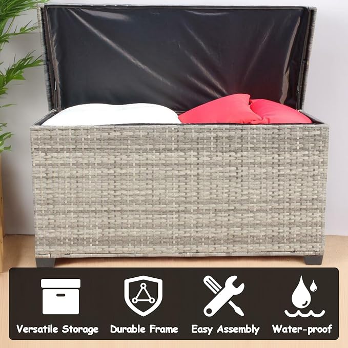 148 Gallon Deck Box Storage, Large Outdoor Weatherproof Storage Box with Lid,Wicker Outdoor Cushion Storage Box for Porch,Patio,Garden,Poolside,Tools,Toys (Light Grey, 55.50 Inch)