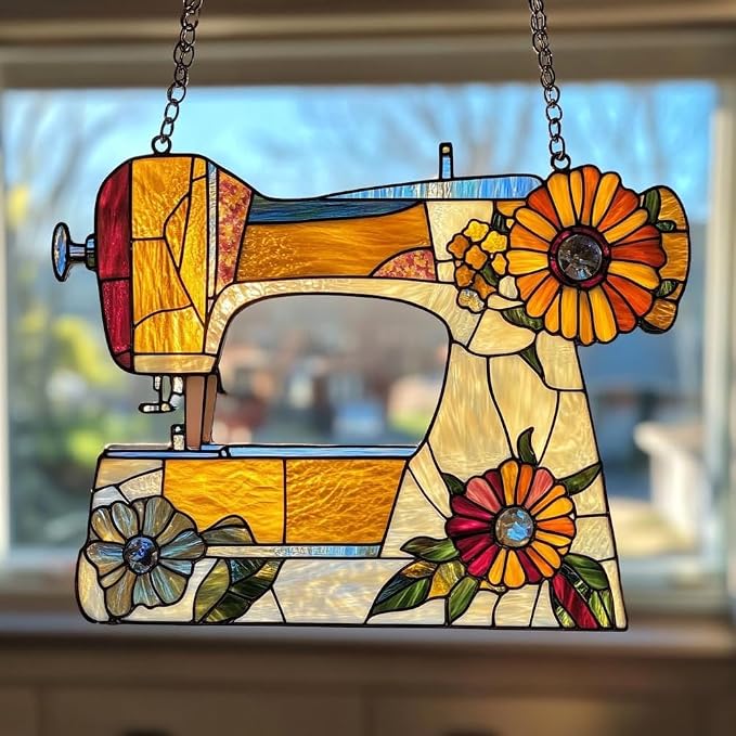 Sewing Machine Acrylic Suncatcher, Boho Suncatchers for Window Hanging Ornament, Stained Glass Effect Art Garden Decor for Sewing Lover, Gifts for Mother's Day, Mom, Grandma, Wife, Women, Nana