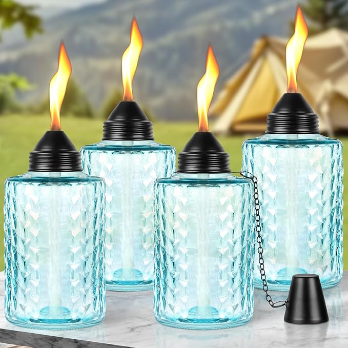 KintKita Table Torches for Outside Citronella 4 Pack, 12oz Table Torch Canister Outdoor Lighting, Refillable Torches for Yard,Patio & Backyard Parties Décor (Blue)