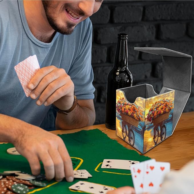 Flower Bike Card Deck Box for MTG, Personalized Card Storage Case Fits 120+ Sleeved Cards, Premium Leather TCG Box with Strong Magnetic Closure for Magic, CCG, PTCG, Baseball Cards
