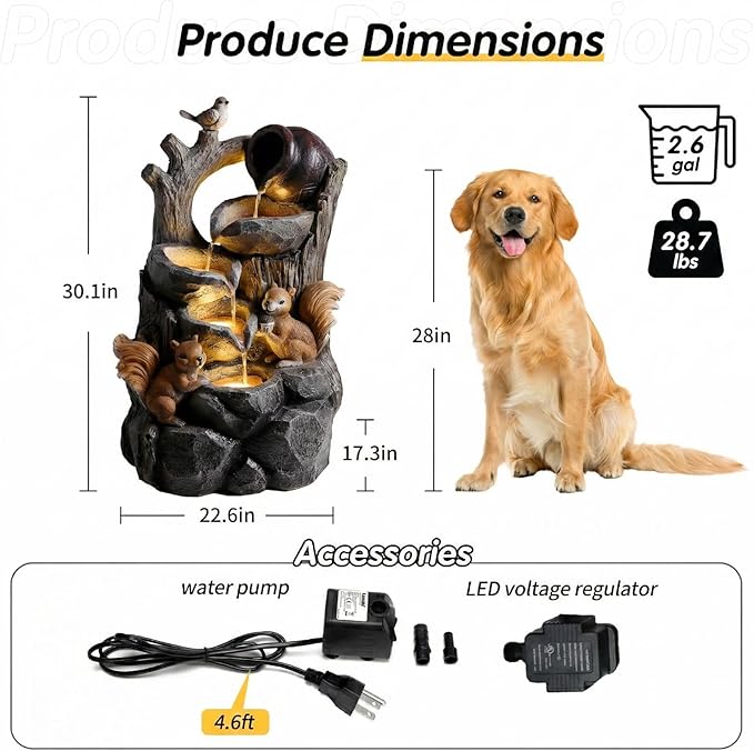 30.1" Water Fountain Outdoor with LED Lights, Squirrel Style Waterfall Fountains with Pump, Floor-Standing Resin Water Feature for Garden Patio Backyard Deck Porch Home Decor (Gray-30.1" H Squirrel)