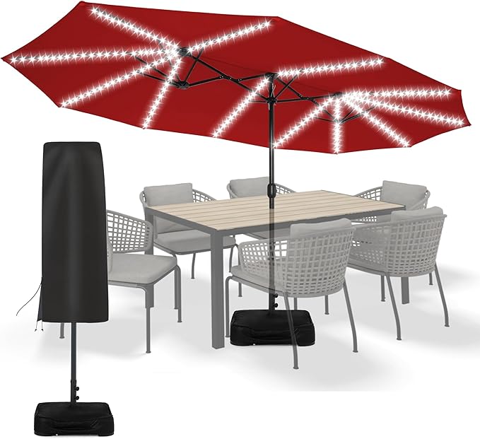 Sundale Outdoor Solar 15 ft 144 LED Olefin 5-Year-Non-Fading Patio Umbrella with Sandbag Base Included and Cover, Outdoor Double-Sided Umbrella with Lights