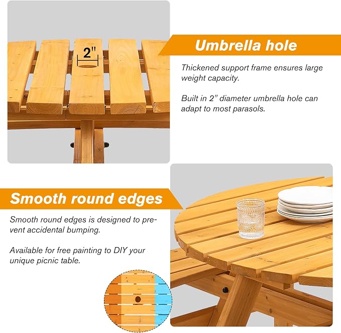 8 Person Wooden Picnic Table, Outdoor Camping Dining Table with Seat, Garden, DIY w/ 4 Built-in Benches, 2220lb Capacity - Natural