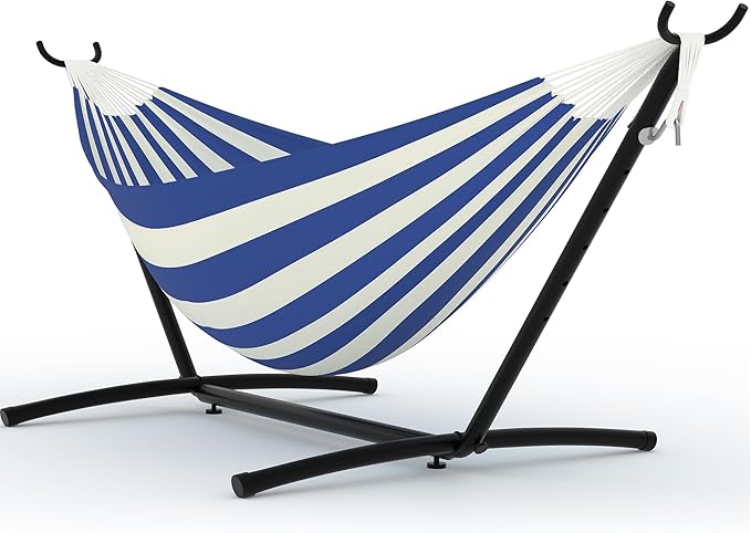 Double Hammock with Stand, 2 Person Heavy Duty Outdoor Hammock – 450IB Capacity, Portable Hammock with Space-Saving Steel Frame & Carrying Case, Easy Setup for Backyard,Camping,Beach,Blue and White