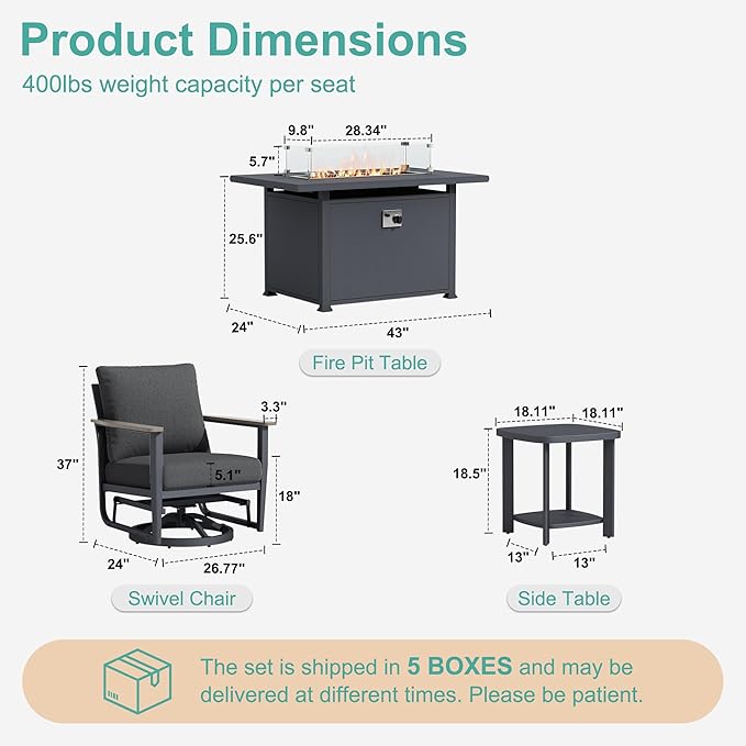 10Pcs Aluminum Patio Rocking Swivel Chair with 55,000 BTU Fire Pit Table Outdoor Bistro Set with Coffee Table, Patio Furniture Set with High Backrest & Thickened Cushions, Dark Grey