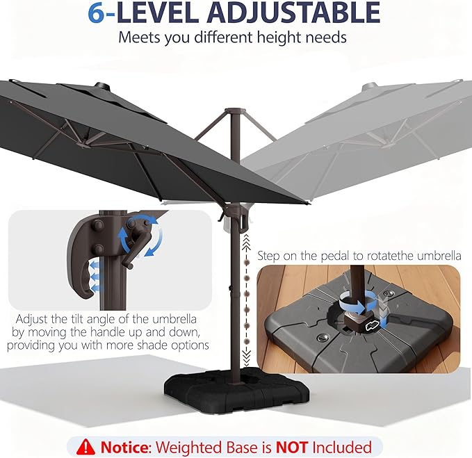 9' X 12' Cantilever Patio Umbrella Rectangle Outdoor Umbrella with Base Included, 6-Level Tilt & 360° Rotation Offset Umbrella for Garden, Deck, Pool (Grey)