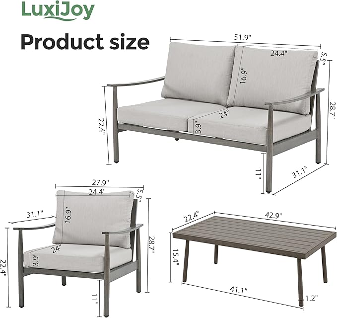 4 Pieces Patio Furniture Set, Aluminum Outdoor Patio Furniture Sets, 2 Armchairs and Loveseat with Thick Cushion, Patio Conversation Set for Backyard Deck Poolside, Greige & Grey