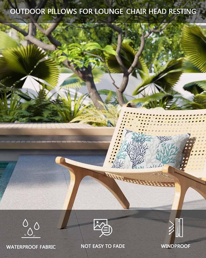 Chaise Lounge Head Resting Pillows,Blue Ombre Coral Summer Ocean Grey Coral Outdoor Chaise Pillows,Waterproof Patio Furniture Pillows with Insert and Adjustable Elastic Strap for Recliner Beach Chair