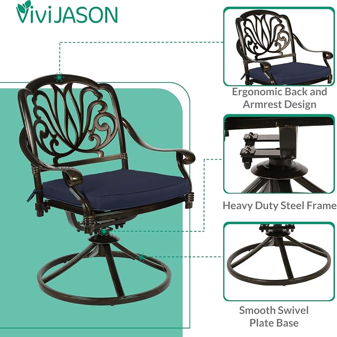 VIVIJASON 9-Piece Outdoor Dining Set, Cast Aluminum Patio Furniture Table & Chairs Set, Include 94.5" Rectangular Table, 2 Swivel Rocker Chair, 6 Stationary Chairs, Umbrella Hole, Navy Blue Cushion
