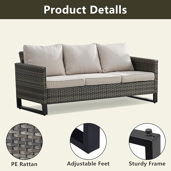 Rilyson Wicker Outdoor Patio Furniture Set - 6 Piece Patio Conversation Set with 2 Armrest Chairs,2 Rattan Ottoman,1 Couch and 1 Metal Side Table for Outside Porch Deck Backyard(Mixed Grey/Beige)