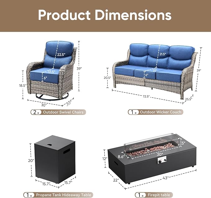 HUMMUH Luxury Patio Furniture Set 6-inch Thick Cushions High Back Swivel Rocker Chairs & 3 Seater-Couch & Steel Fire Pit Table 5 Pieces Outdoor Conversation Set for Porch,Deck,Backyard