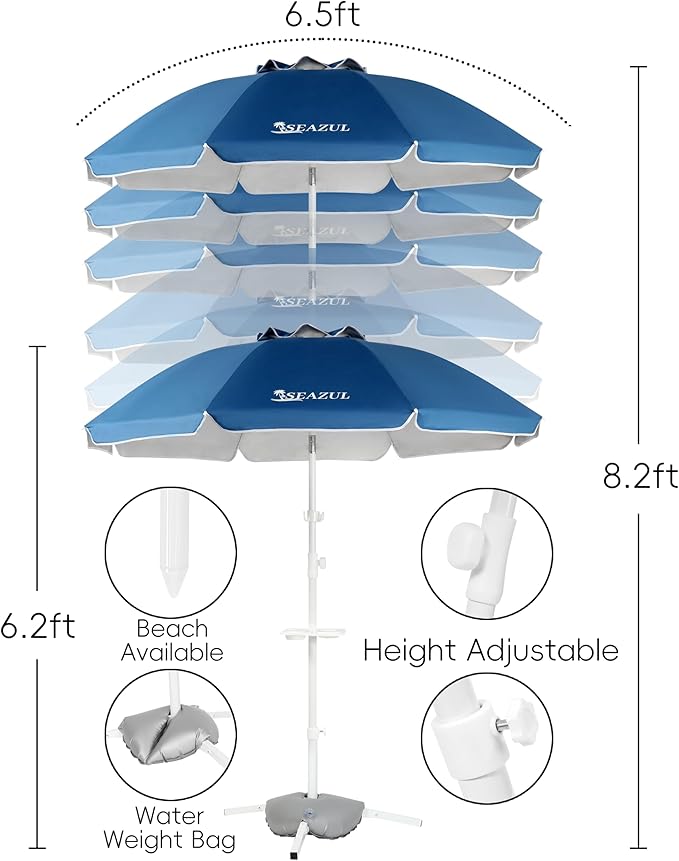 Seazul 6.5ft Sun Shade Umbrella, Portable Umbrella with Stand for Sports, Water Weight Bag, Adjustable and Lightweight, Sun Protection, Blue