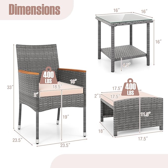 Tangkula 5 Pieces Patio Conversation Set, Outdoor PE Rattan Chairs with Soft Cushions, Ottomans & Tempered Glass Top Table, Acacia Wood Armrests, Patio Furniture Set (Mix Grey+Beige)