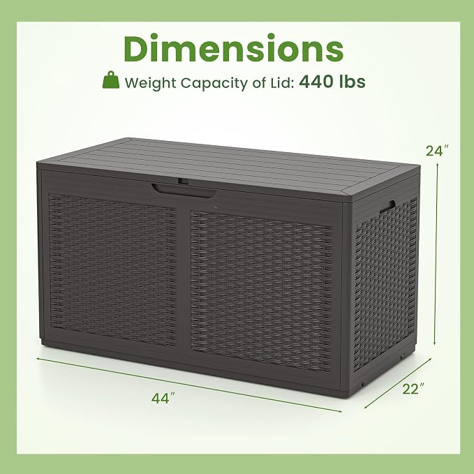 Giantex 100 Gallon Resin Outdoor Storage Box, Waterproof Deck Box w/Lockable Lid & Wheels, Rattan Storage Container Bench for Patio Cushions, Pool Accessories, Gardening Tools, 440 lbs (Brown)