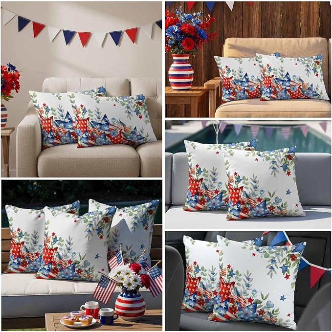 American Flag Stripe Star Outdoor Pillow Covers 16x16in Pack of 2 Waterproof Pillowcase Summer Green Eucalyptus Leaf Decorative Throw Cushion Case for Patio Couch Sofa