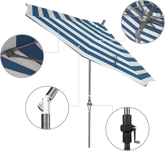 California Umbrella 9' Rd. Crank Lift, Collar Tilt, Aluminum Pole, Fiberglass Rib Patio Umbrella, Hammertone Grey Finish, Sunbrella Cabana Regatta