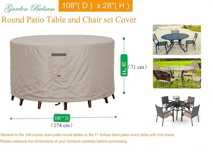 600D Heavy Duty Waterproof Patio Furniture Covers UV Resistant Round Outdoor Table Chair Covers Large Round 108"Diax28"H Beige