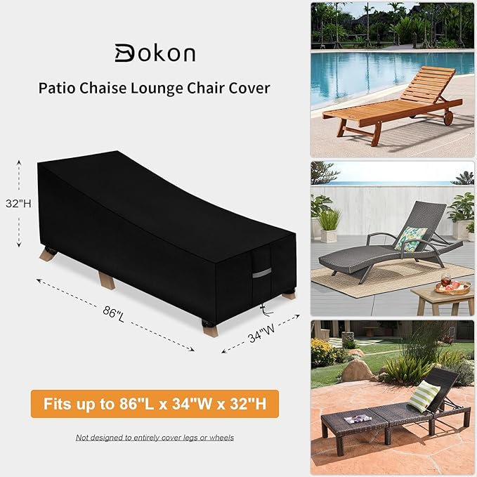 Dokon Patio Lounge Chair Covers Waterproof Outdoor Chaise Lounge Cover with Air Vents, Windproof Anti-UV Heavy Duty Oxford Fabric Patio Furniture Covers (86"L x 34"W x 32"H) - Black