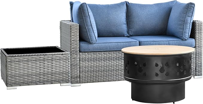 HOOOWOOO 4-Piece Outdoor Wicker Patio Furniture Set, Modular Sectional Sofa with Cushions, Side Table, and Fire Pit Table, All-Weather Rattan Garden Seating for Patio, Porch, or Balcony (Denim Blue)