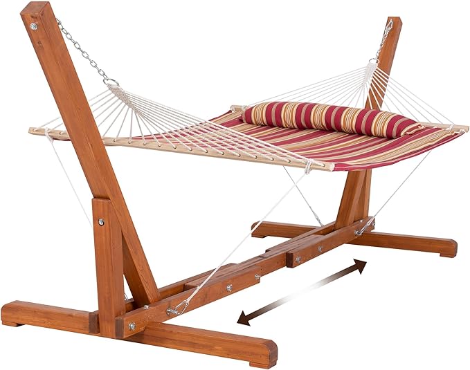 SUNCREAT Outdoor Hammock with Stand, Two Person Quilted Fabric Hammock Swing with Adjustable Wooden Stand, Red Stripes