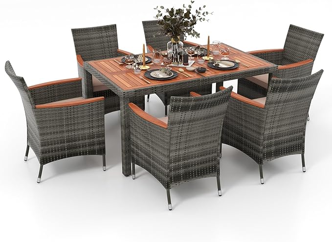HAPPYGRILL 7 Piece Patio Rattan Dining Set Outdoor Wicker Chair & Table Set, Acacia Wood Tabletop & Armrests, Seat Cushions Included, Space-Saving Dining Set for Poolside Backyard Garden