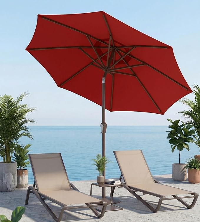 10FT Patio Umbrella, Outdoor Umbrella with Push Button Tilt and Crank, 8 Sturdy Ribs, UV Protection & Waterproof Market Umbrella for Pool, Backyard, Beach,Deck (Red)