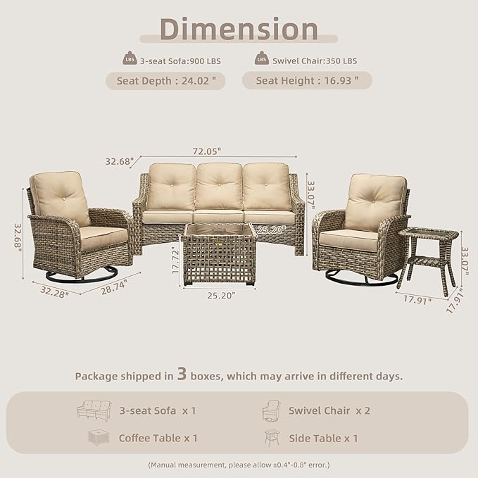 Outdoor Patio Furniture Set, 5-Piece PE Wicker Sofa with Shiny Table and Swivel Chairs, Outdoor Conversation Set for Patio, Garden, Backyard Beige