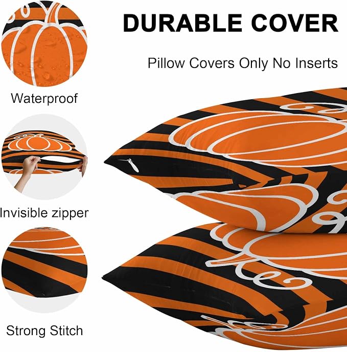 Orange Pumpkins Outdoor Waterproof Pillow Covers, Autumn Black Stripes Farmhouse Decorative Square Throw Pillowcase Sofa Cushion Sham for Patio/Couch/Chair, 18"x18" 2 Pack
