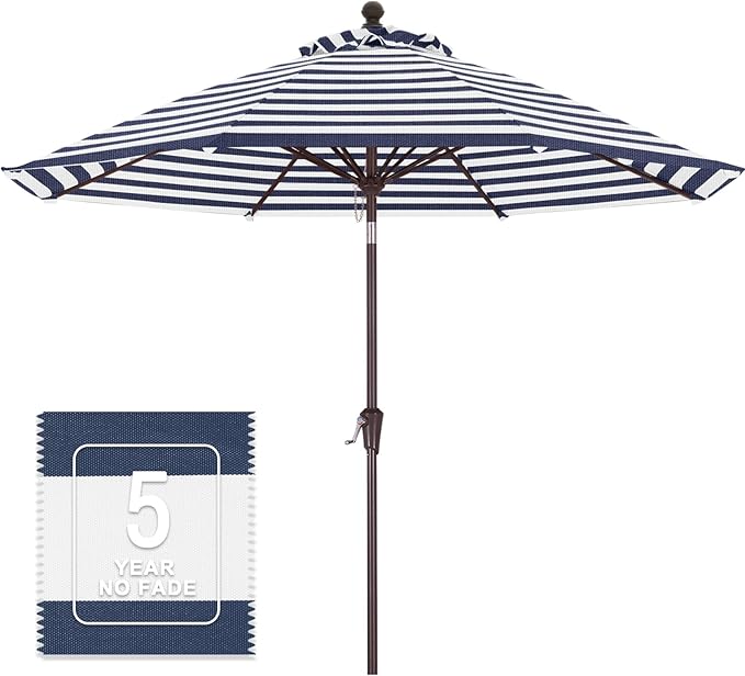 MASTERCANOPY Olefin 5-Year-Non-Fading 9ft Patio Umbrella with Tilt and Crank, Large UV Resistant Outdoor Table Umbrella with 8 Fiberglass Ribs for Deck, Yard & Market, Navy Blue & White