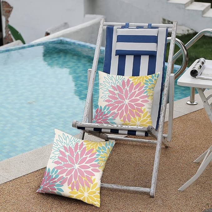 DFXSZ Outdoor Waterproof Pillow Covers 18x18 Set of 2 Pink Yellow Flower | Spring Summer Waterproof Flower Throw Pillowcases（No Inserts）Decor for Valentines Patio Funiture Garden Polyester Covers