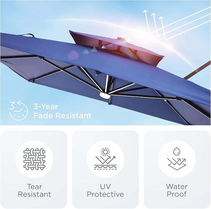 9' X 12' Patio Umbrella with Weighted Base and LED Lights Outdoor Cantilever Large Rectangle Offset Umbrellas Heavy Duty Aluminum Double Top with 360-degree Rotation for Pool Garden Deck, Navy