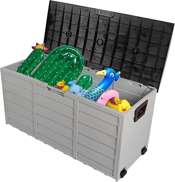 75gal Patio Garden Storage Deck Box, Large Storage Box Organizer, Lockable Seat & Wheels Durable Plastic Weatherproof Extra Storage for Tools, Cushions, Toys Easy Assembly Black