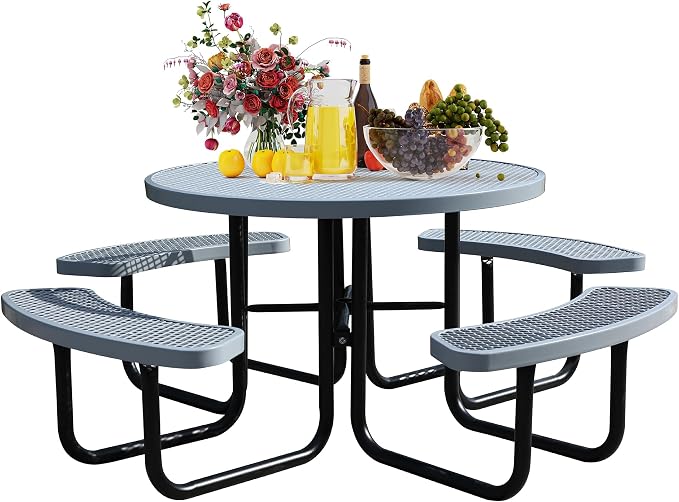 8 Person Metal Picnic Table for Outdoors, 46Inch Heavy Duty Sturdy Round Picnic Tables W/ 4 Benches & Umbrella Hole, Weatherproof Commercial Picnic Table for Garden, BBQ, Coffee Store, Patio, Porch