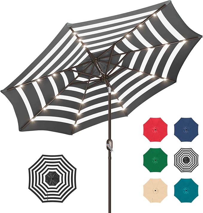 9ft Patio Umbrella with Solar Lights, Outdoor Umbrella with 24 LED Solar Umbrella Lights, Solar Patio Umbrella with Push Botton Tilt & Crank Ideal for Garden, Backyard & Pool, Black Stripe