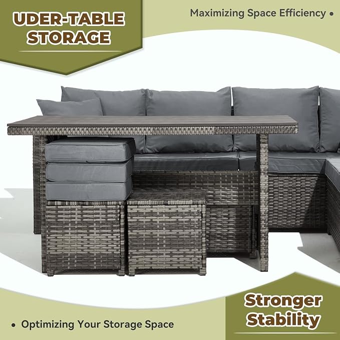 7 Pieces Patio Furniture Set with Dining Table, Outdoor Conversation Sectional Sofa Set Featuring 3 Ottomans, Thick Cushions and Pillows, Rattan Garden Lounge Seating for Deck, Backyard, Porch Use